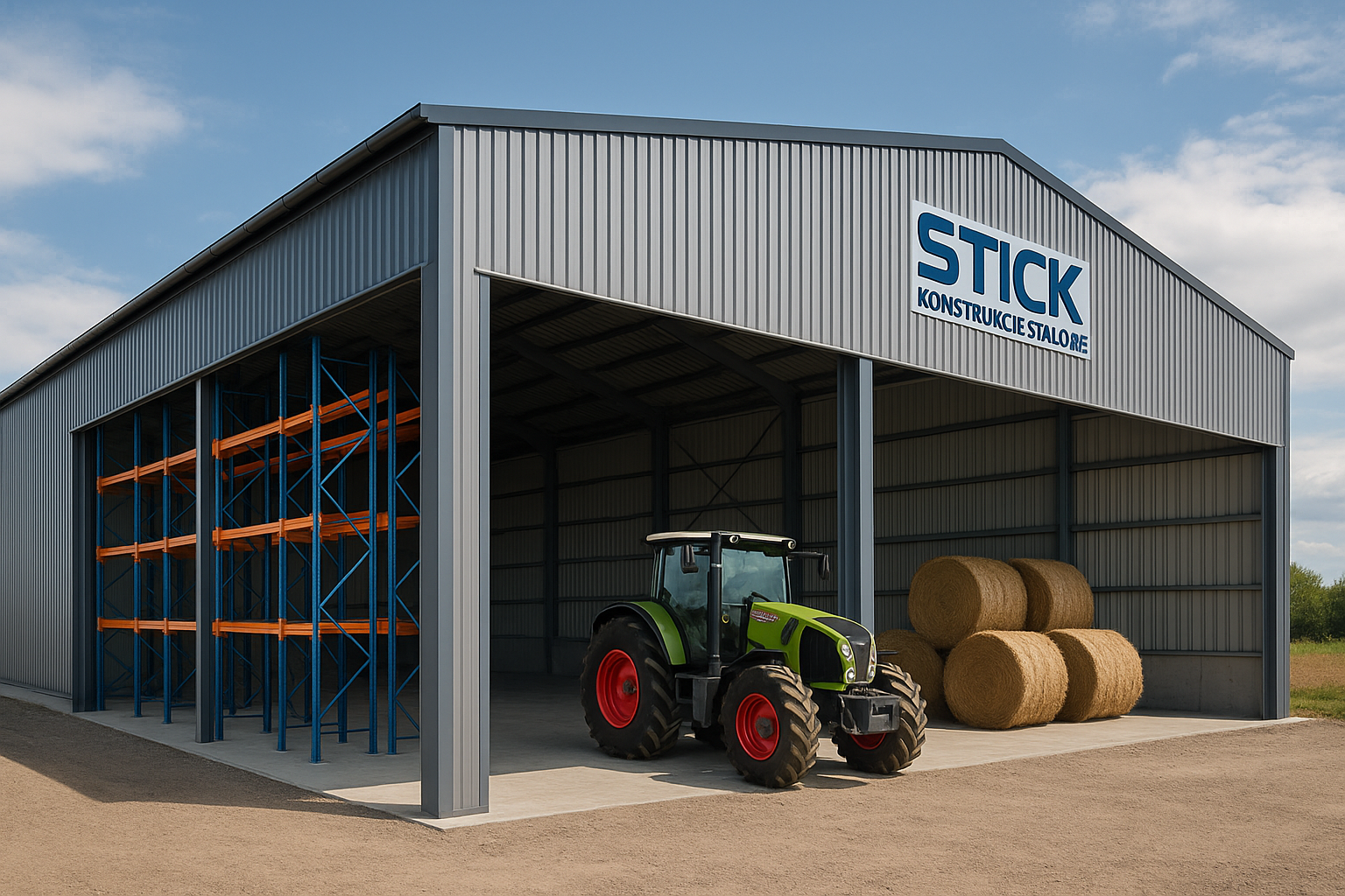 Nowoczesna hala stalowa służąca jednocześnie jako magazyn produkcyjny i obiekt rolniczy